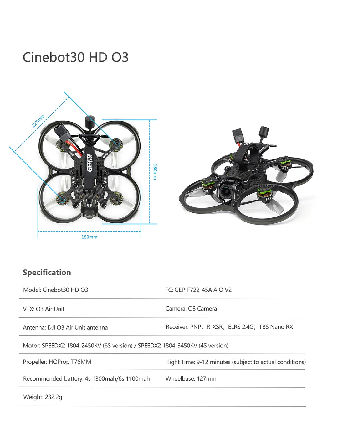 GEPRC Cinebot30 HD O3 FPV Drone System 6S 2450KV VTX O3 Air Unit 4K 60fps Video 155 Wide-angle RC FPV Quadcopter Freestyle Drone