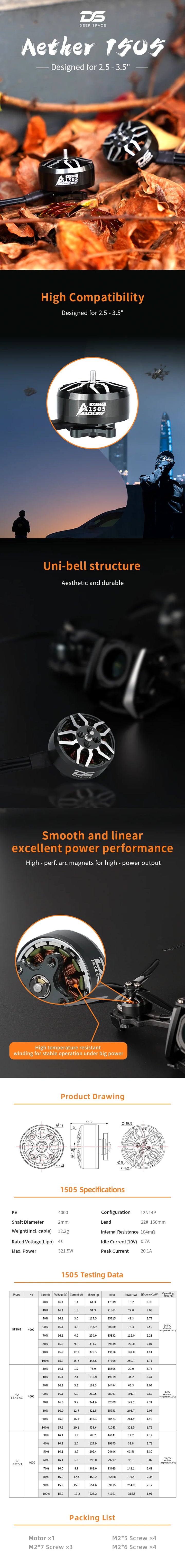 DeepSpace Aether 1505 4000kv 4S Brushless Motor 2mm Shaft 12N14P for RC FPV 2.5-3.5inch FPV Freestyle Racing Cinewhoop Drone