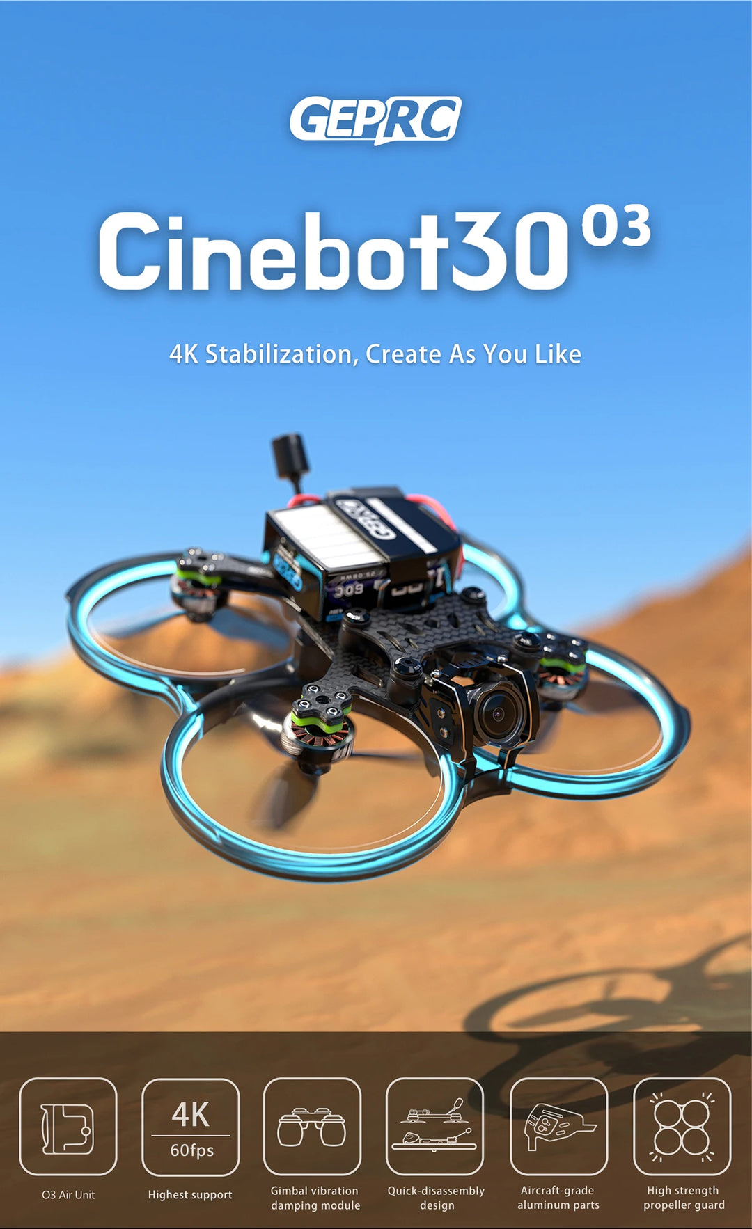 GEPRC Cinebot30 HD O3 FPV Drone System 6S 2450KV VTX O3 Air Unit 4K 60fps Video 155 Wide-angle RC FPV Quadcopter Freestyle Drone