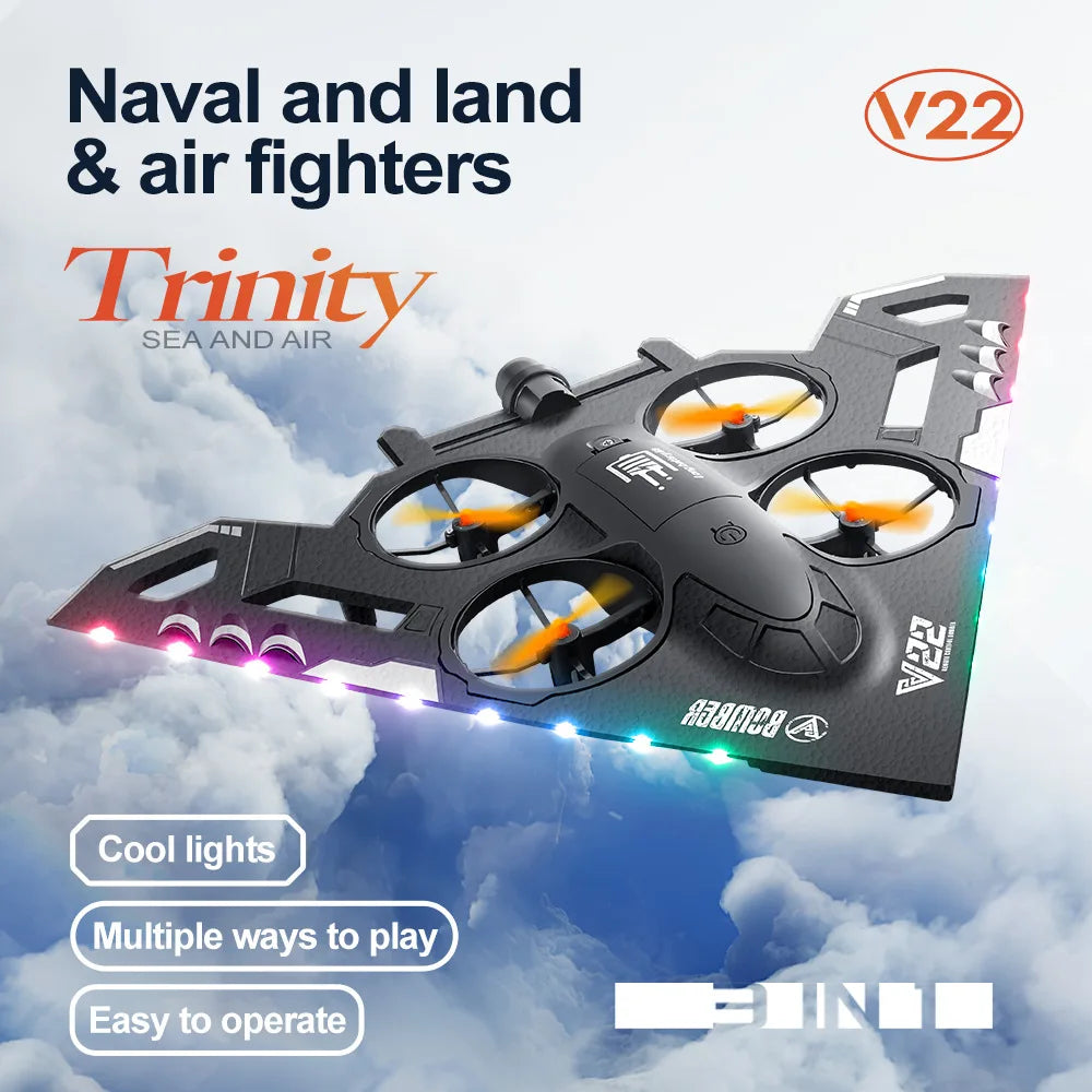 V22 Beginner Four-Channel Drone 360 Self-Avoidance Obstacles Remote Control FPV Height Hold Sea Land Air Three One Features Gift