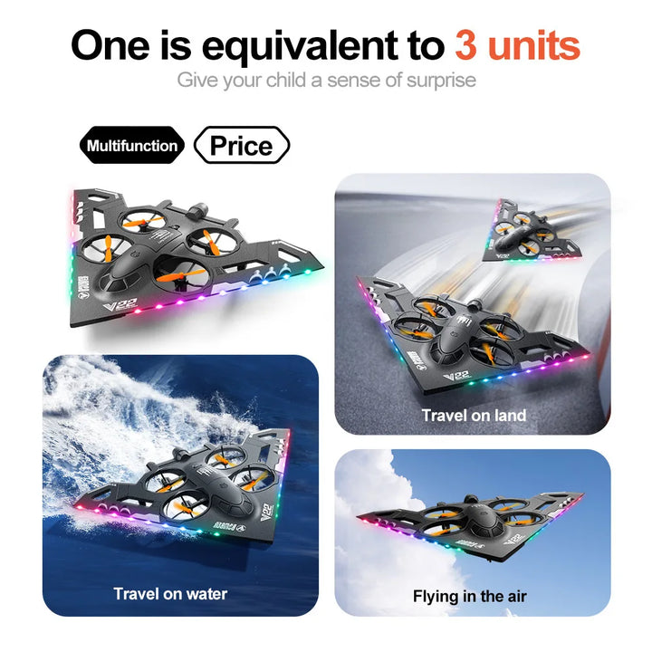 V22 Beginner Four-Channel Drone 360 Self-Avoidance Obstacles Remote Control FPV Height Hold Sea Land Air Three One Features Gift