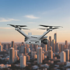 DJI Matrice 4D-series drone flying above a city skyline at sunset