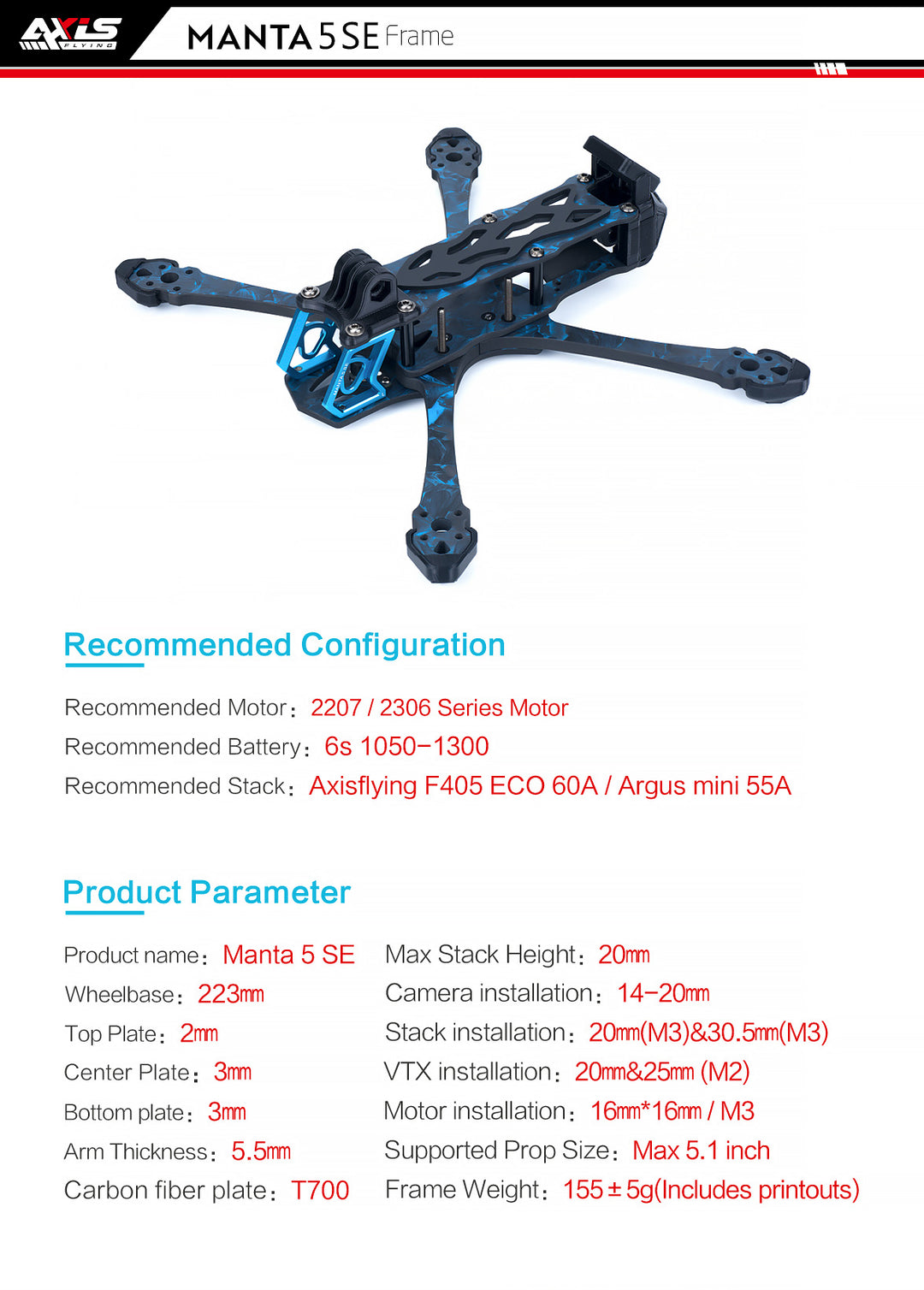 Axisflying MANTA5 SE Frame Kit Squashed-X Wheelbase 223mm T700 Carbon Fiber Recommended 2207/ 2306 Series Motor for RC FPV Drone