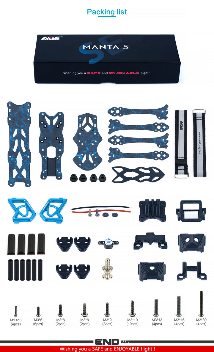 Axisflying MANTA5 SE Frame Kit Squashed-X Wheelbase 223mm T700 Carbon Fiber Recommended 2207/ 2306 Series Motor for RC FPV Drone