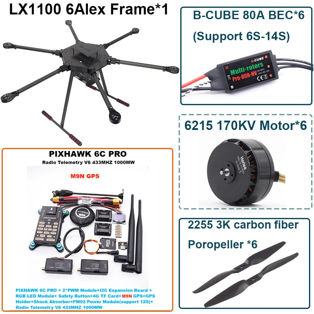 FPV LX1100 6C PRO M8N M9N M10 Full Carbon Fiber1100mm Hexa-Rotor Frame B-CUBE 80A ESC PX4 Pixhawk Flight Control Set 6215 Motor
