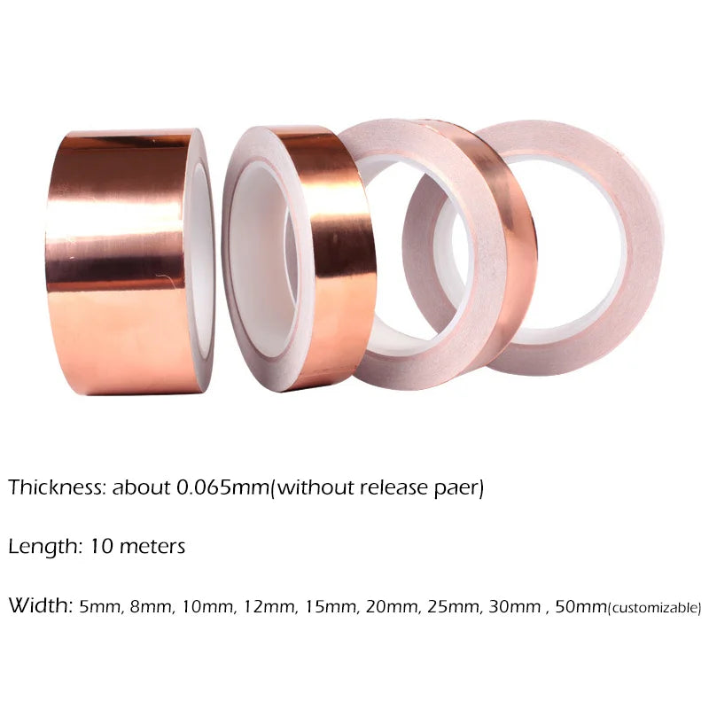 Double-Sided Conductive Copper Foil Tape — EMI Shielding, 10m Roll, 5mm–50mm Width Options