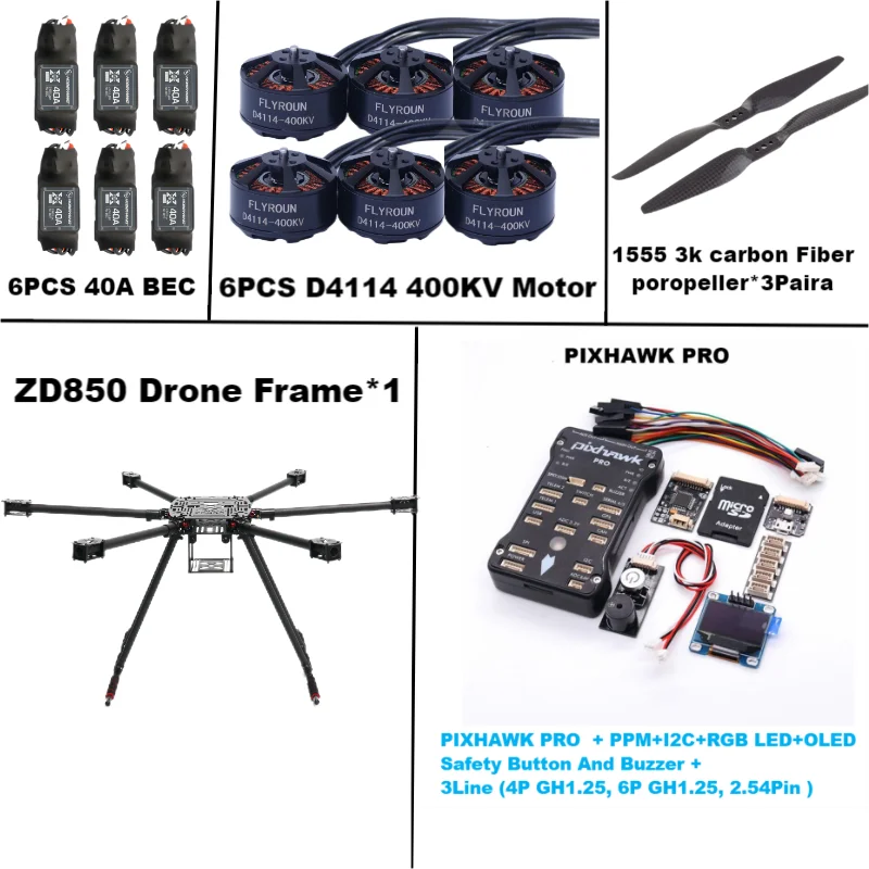 Rctosky ZD850 PRO M8N/M9N/M10 Full Carbon Fiber 850mm Hexa-Rotor Frame BLHELI 40A ESC PIXHAWK Flight Comtrol Rado Telemetry Set
