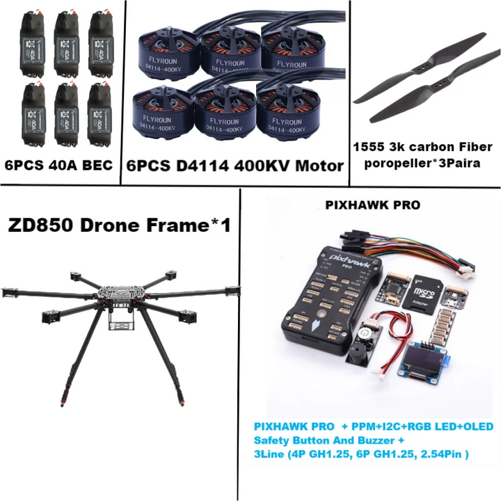 Rctosky ZD850 PRO M8N/M9N/M10 Full Carbon Fiber 850mm Hexa-Rotor Frame BLHELI 40A ESC PIXHAWK Flight Comtrol Rado Telemetry Set