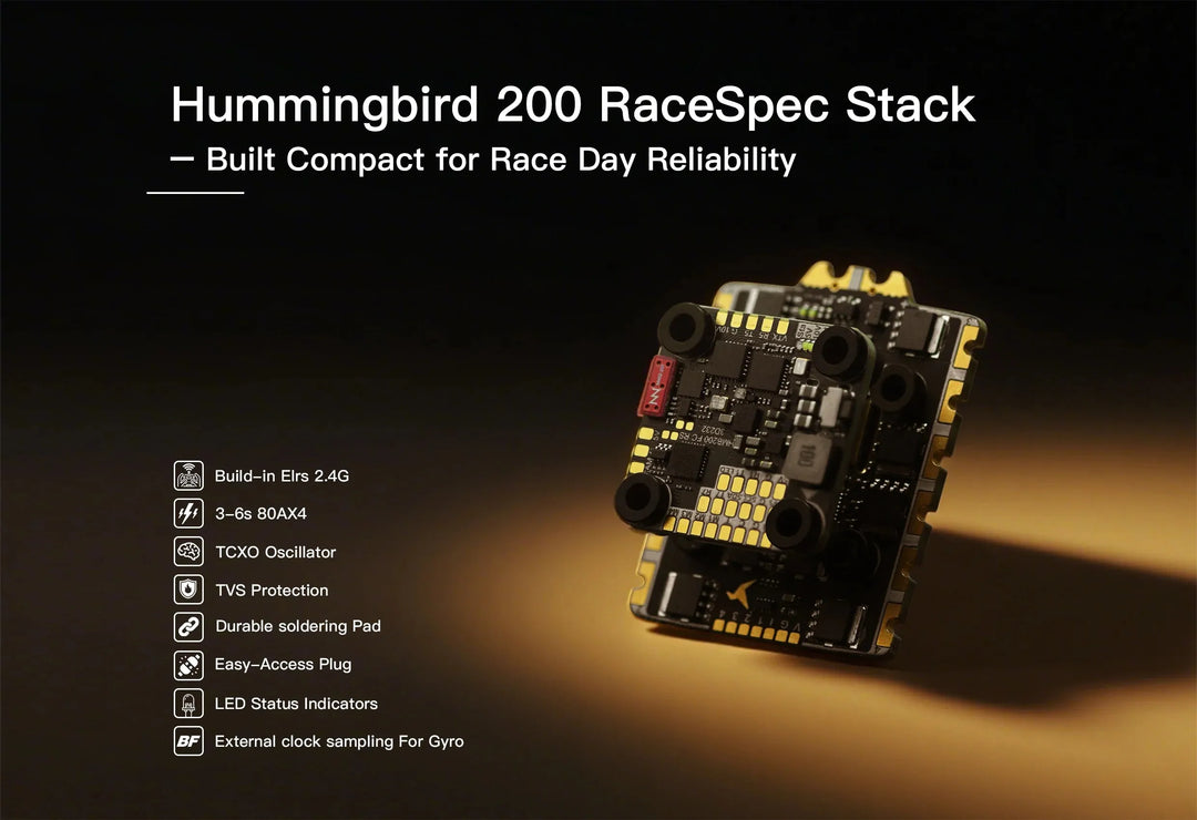 NewBeeDrone Hummingbird 200 RaceSpec Stack 20x20mm/200 RaceSpec FC AT32F435 Built-in ELRS 2.4GHz/ 200 ESC RaceSpec 80A AM32 3-6S