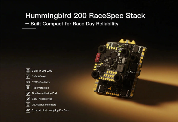 NewBeeDrone Hummingbird 200 RaceSpec Stack 20x20mm/200 RaceSpec FC AT32F435 Built-in ELRS 2.4GHz/ 200 ESC RaceSpec 80A AM32 3-6S