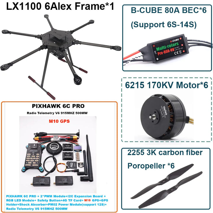 FPV LX1100 6C PRO M8N M9N M10 Full Carbon Fiber1100mm Hexa-Rotor Frame B-CUBE 80A ESC PX4 Pixhawk Flight Control Set 6215 Motor