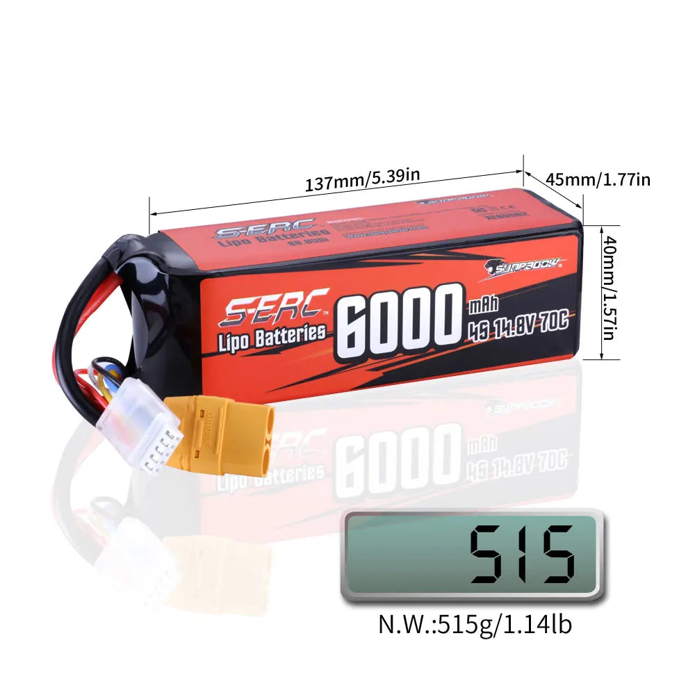 SUNPADOW 4S Rechargeable Lipo Battery 14.8V 6000mAh 70C Soft Pack with XT90 for RC Buggy Truggy Vehicles Car Boat TrucK Tank
