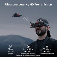 Walksnail Avatar Goggles X transmission feature graphic with a pilot wearing the headset