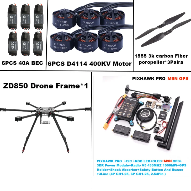 Rctosky ZD850 PRO M8N/M9N/M10 Full Carbon Fiber 850mm Hexa-Rotor Frame BLHELI 40A ESC PIXHAWK Flight Comtrol Rado Telemetry Set