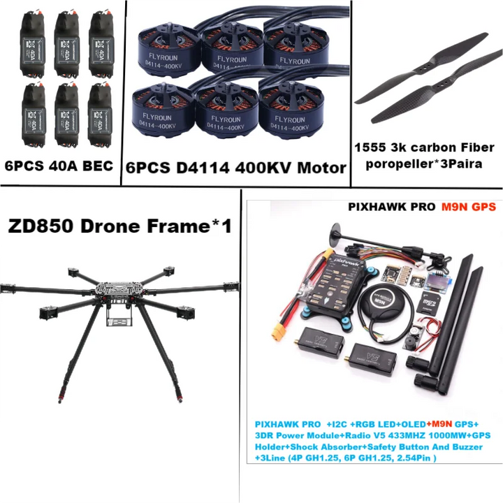 Rctosky ZD850 PRO M8N/M9N/M10 Full Carbon Fiber 850mm Hexa-Rotor Frame BLHELI 40A ESC PIXHAWK Flight Comtrol Rado Telemetry Set