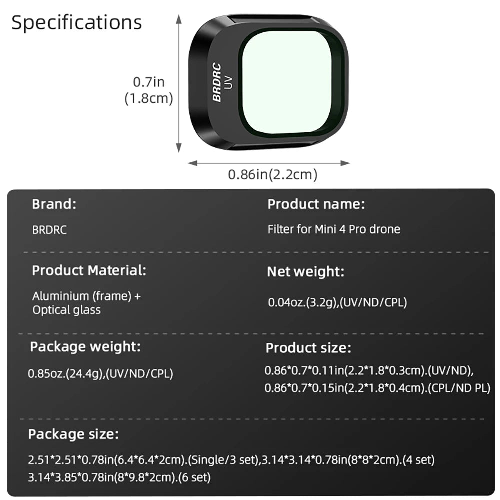 BRDRC Lens Filters for DJI Mini 4 Pro - UV CPL ND8/16/32/64 ND-PL Set
