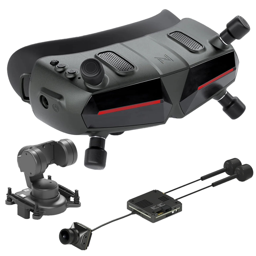 Walksnail Avatar Goggles X with gimbal-mounted camera and exposed-board video transmitter kit