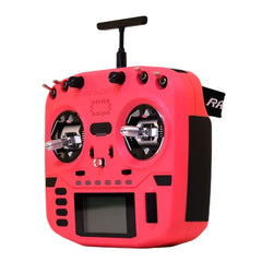 Red RadioMaster Boxer Crush transmitter, angled view showing side grip