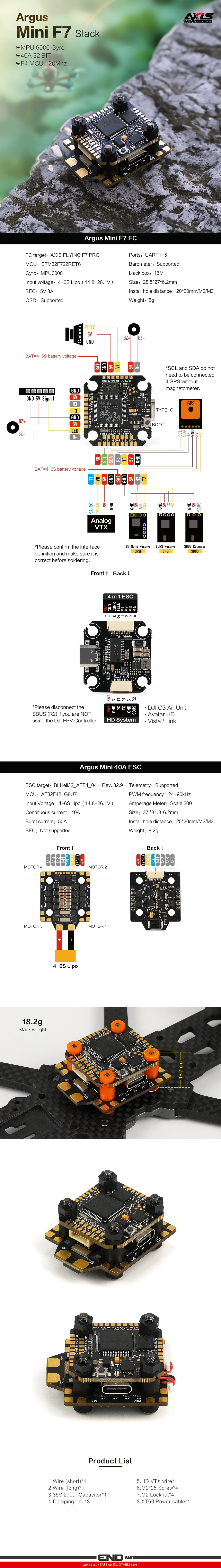 Axisflying Argus FPV Mini Stack F7 40A Flight Controller for Manta 3.6 FPV Drone FPV Parts