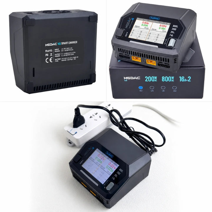 ToolkitRC M6DAC V2 Dual-Channel Smart Charger — 400W/CH, 700W Sync, 16A, 1–6S LiPo/LiHV, 65W USB-C PD, AC/DC, CE/RoHS/FCC