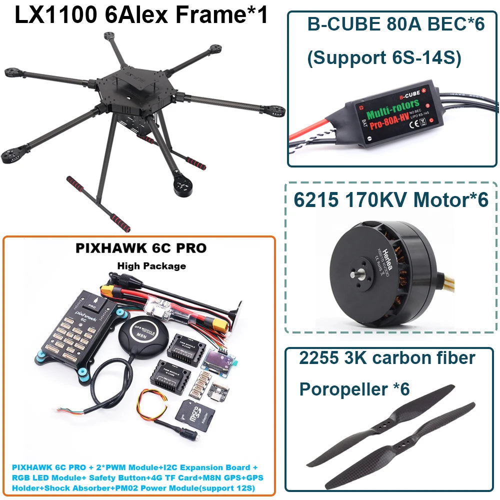 FPV LX1100 6C PRO M8N M9N M10 Full Carbon Fiber1100mm Hexa-Rotor Frame B-CUBE 80A ESC PX4 Pixhawk Flight Control Set 6215 Motor