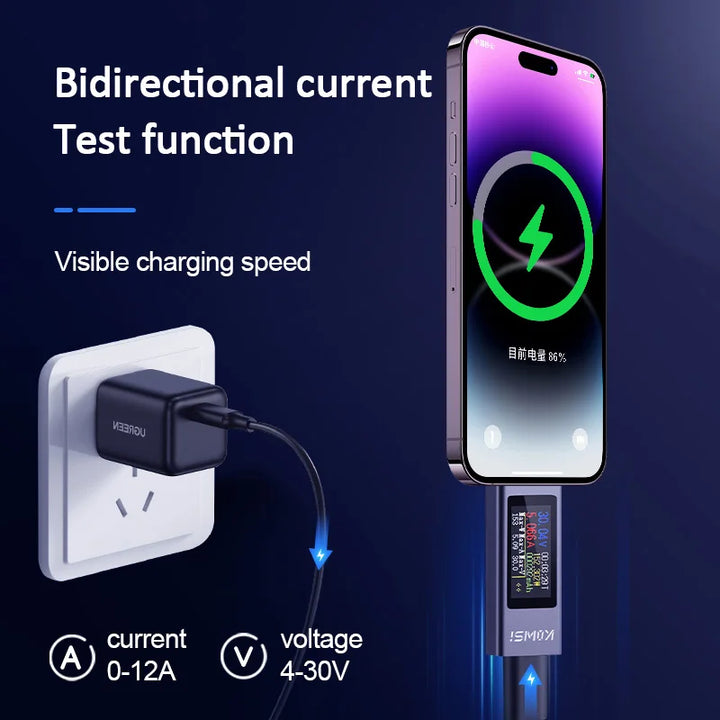 Type-C USB Power Meter DC 4-30V 12A - Digital Voltage Ammeter Tester