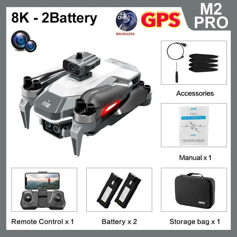 M2 Pro 4K Drone Professional 5G WIFI GPS Obstacle Avoidance 8K Dual HD Camera Brushless Motor Foldable Quadcopter Gifts Toys