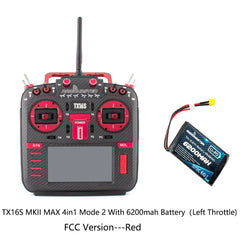 Red RadioMaster TX16S MKII MAX 4in1 Mode 2 FCC transmitter with 6200mAh battery, front view