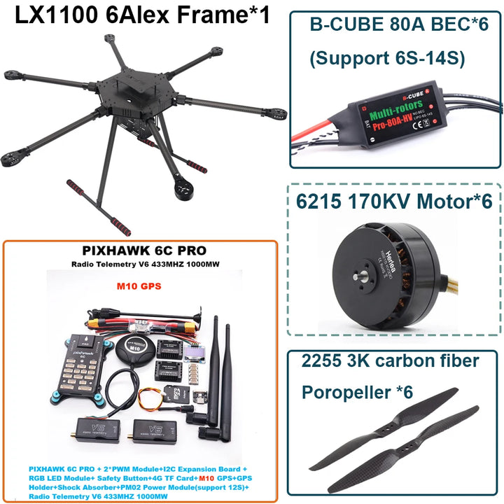 FPV LX1100 6C PRO M8N M9N M10 Full Carbon Fiber1100mm Hexa-Rotor Frame B-CUBE 80A ESC PX4 Pixhawk Flight Control Set 6215 Motor
