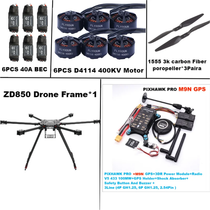 Rctosky ZD850 PRO M8N/M9N/M10 Full Carbon Fiber 850mm Hexa-Rotor Frame BLHELI 40A ESC PIXHAWK Flight Comtrol Rado Telemetry Set
