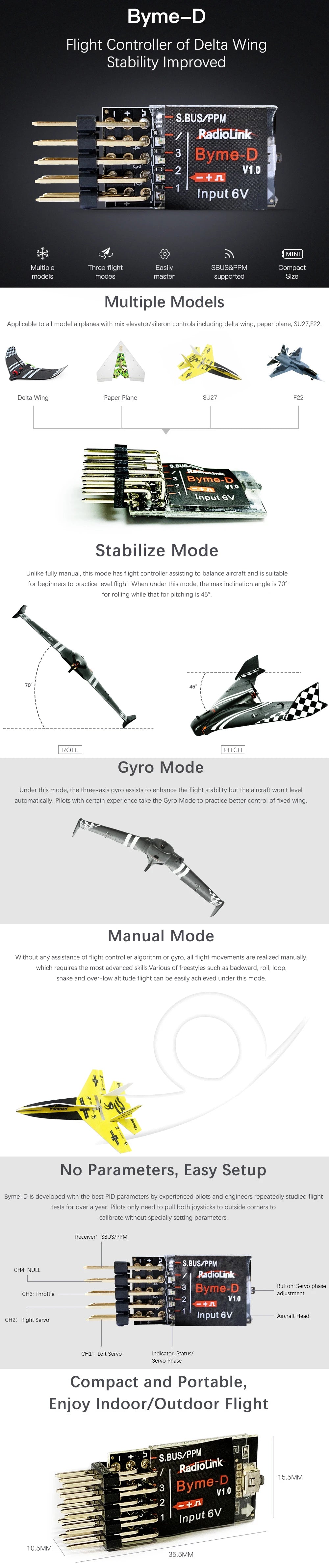 Radiolink Byme-A/Byme-D Fixed Wing Flight Controller Gyroscope Self-stabilization Balance For 3D Fixed Wing 4CH Trainer Su27 Toy