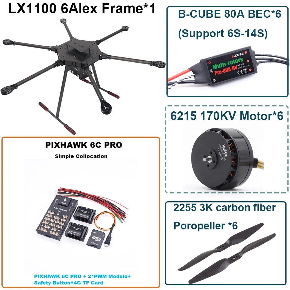 FPV LX1100 6C PRO M8N M9N M10 Full Carbon Fiber1100mm Hexa-Rotor Frame B-CUBE 80A ESC PX4 Pixhawk Flight Control Set 6215 Motor