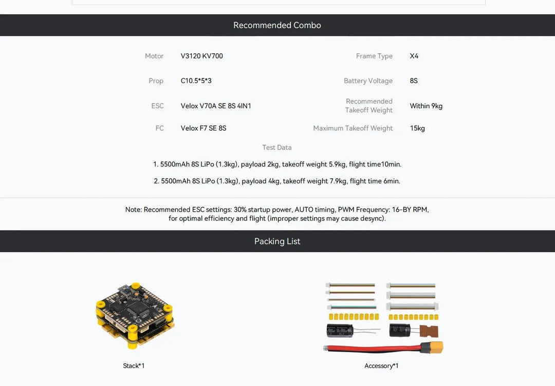 T-MOTOR Velox F7 SE 8S Stack — F7 FC + Velox 70A 4-in-1 ESC, BMI270, BLHeli_32, DShot600, 5–10 inch FPV
