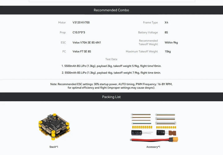 T-MOTOR Velox F7 SE 8S Stack — F7 FC + Velox 70A 4-in-1 ESC, BMI270, BLHeli_32, DShot600, 5–10 inch FPV