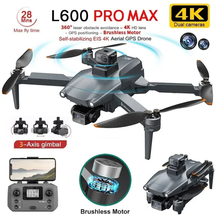 L600 PRO MAX GPS Drone Professional 4K 3-Axis PTZ HD Dual Camera Obstacle Avoidance Brushless Motor 5G WIFI RC Quadcopter Toys