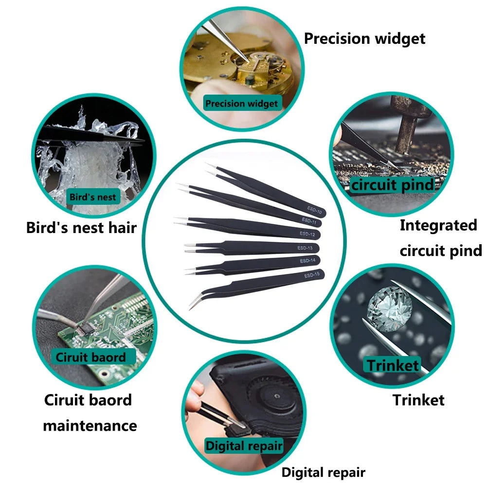 6Pcs Anti-Static ESD Tweezers Set Precision Curved Straight Repair Tools