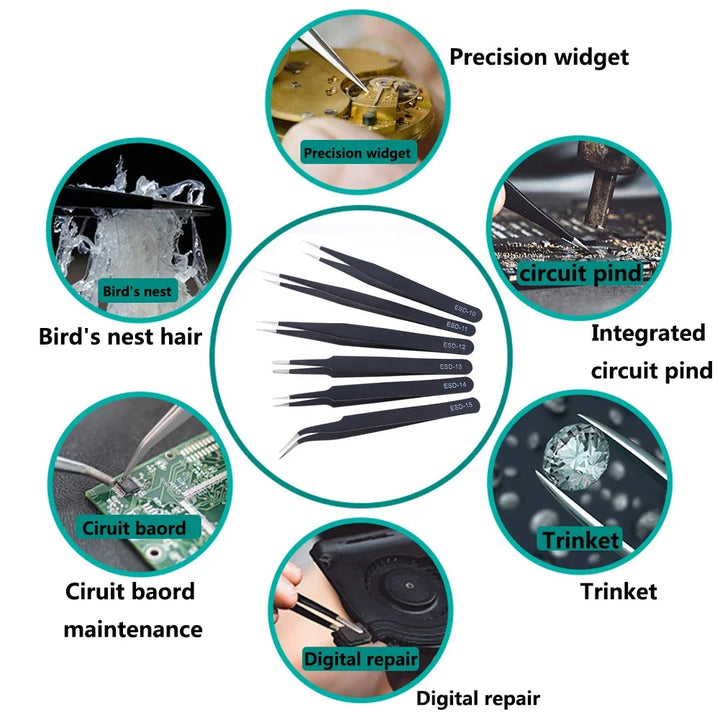 6Pcs Anti-Static ESD Tweezers Set Precision Curved Straight Repair Tools
