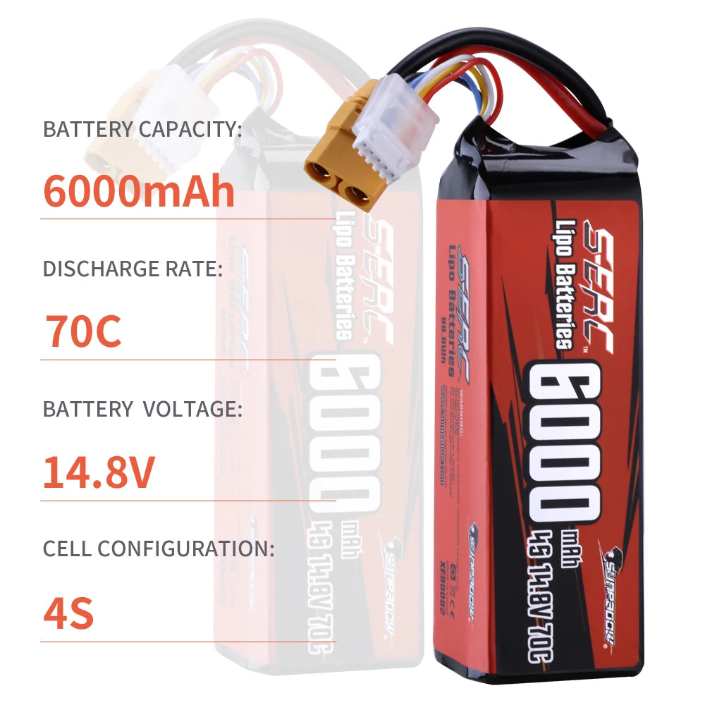SUNPADOW 4S Rechargeable Lipo Battery 14.8V 6000mAh 70C Soft Pack with XT90 for RC Buggy Truggy Vehicles Car Boat TrucK Tank