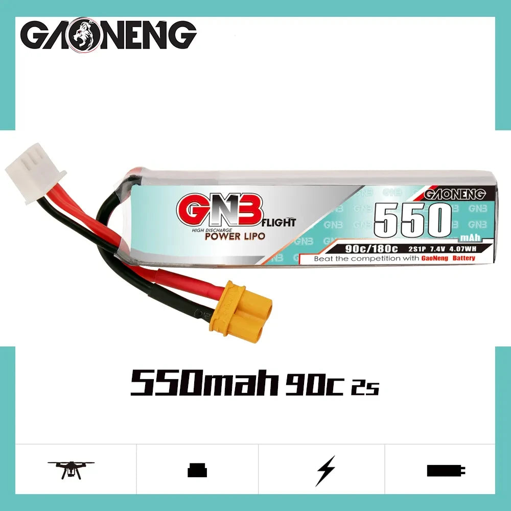 Gaoneng GNB 550mAh 2S 7.4V 90C Slender LiPo Battery XT30 — 1-6 Pack for Micro FPV