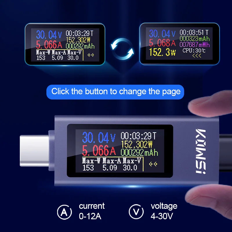 Type-C USB Power Meter DC 4-30V 12A - Digital Voltage Ammeter Tester