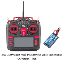 Red RadioMaster TX16S MKII MAX ELRS Mode 2 FCC transmitter with 5000mAh battery, front view