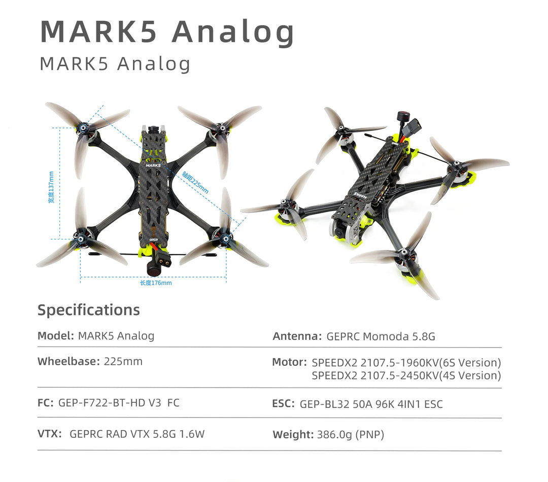 GEPRC MARK5 Analog Freestyle FPV Drone 4S/6S 5Inch SPEEDX2 2107.5 GEP-F722-BT-HD V3 RC FPV Quadcopter LongRange Freestyle Drone