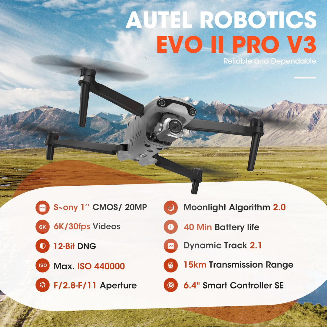 Autel Robotics EVO II Pro V3 Professional Camera Drone — 6K, 1" Sony CMOS, 40 Min, 15km, 360° Obstacle Avoidance