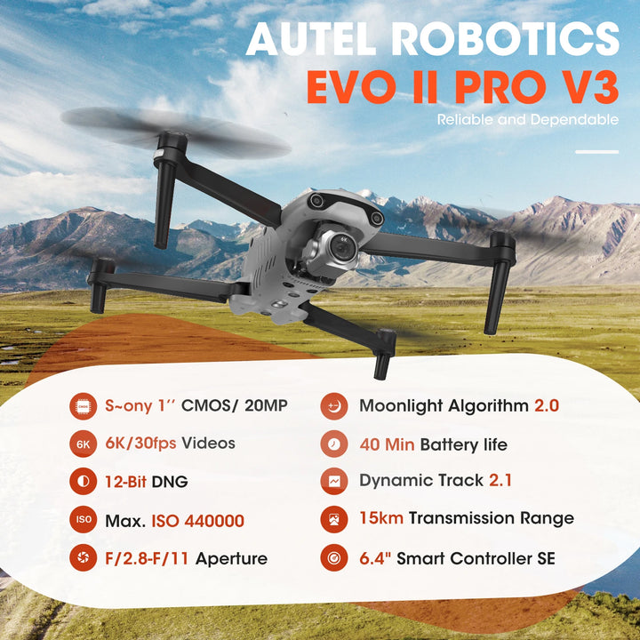 Autel Robotics EVO II Pro V3 Professional Camera Drone — 6K, 1" Sony CMOS, 40 Min, 15km, 360° Obstacle Avoidance