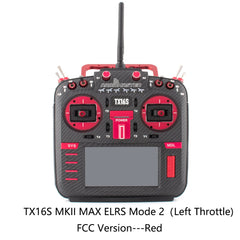 Red RadioMaster TX16S MKII MAX ELRS Mode 2 FCC transmitter, front view