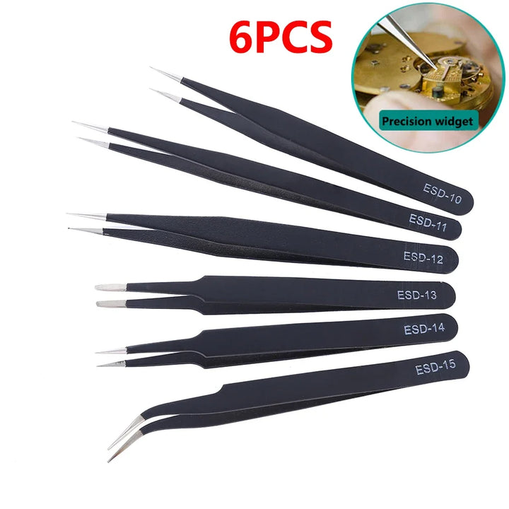 6Pcs Anti-Static ESD Tweezers Set Precision Curved Straight Repair Tools