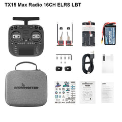 Silver-accented RadioMaster TX15 MAX ELRS LBT kit with case, cable and accessories, plus battery