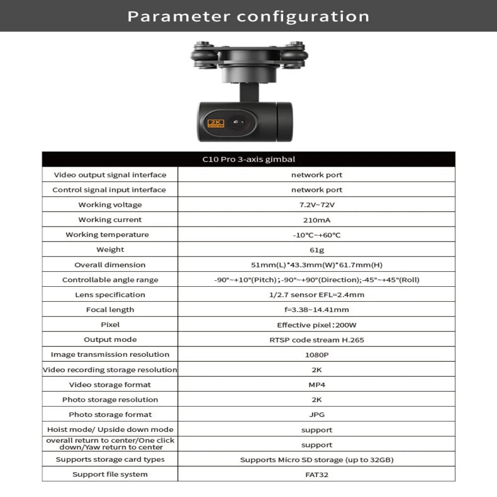Skydroid C10PRO 3-Axis Gimbal Camera — 2K Video, 1080p RTSP Stream, Optical Zoom, 61g