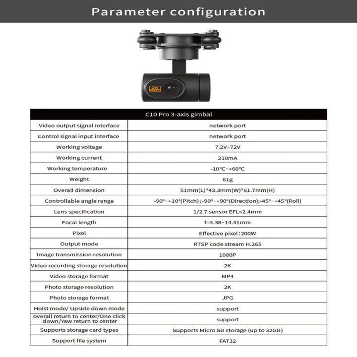 Skydroid C10PRO 3-Axis Gimbal Camera — 2K Video, 1080p RTSP Stream, Optical Zoom, 61g