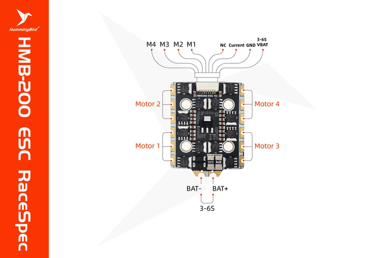 NewBeeDrone Hummingbird 200 RaceSpec Stack 20x20mm/200 RaceSpec FC AT32F435 Built-in ELRS 2.4GHz/ 200 ESC RaceSpec 80A AM32 3-6S